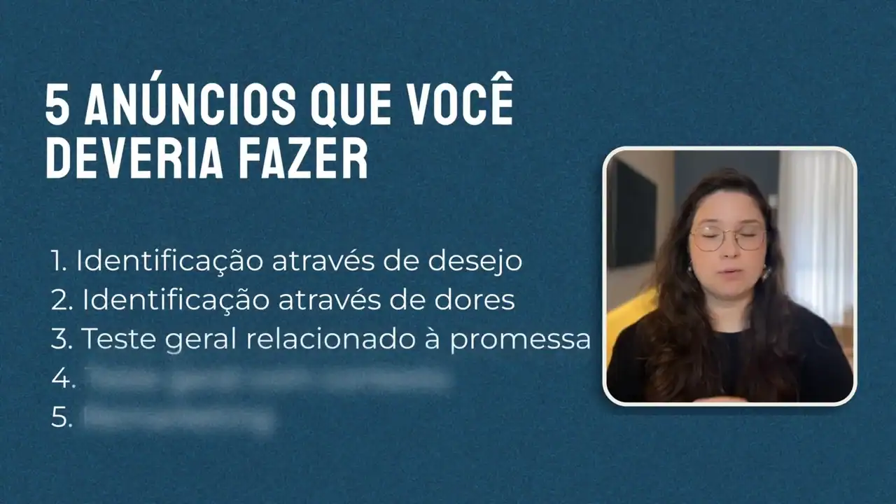 Slide com os cinco grupos de anúncio para fazer: desejo, dor, promessa, geral com contexto e remarketing