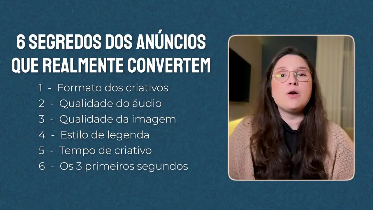 Slide com os 6 critérios de um anúncio que converte: formato, áudio, imagem, legenda, tempo e os 3 primeiros segundos
