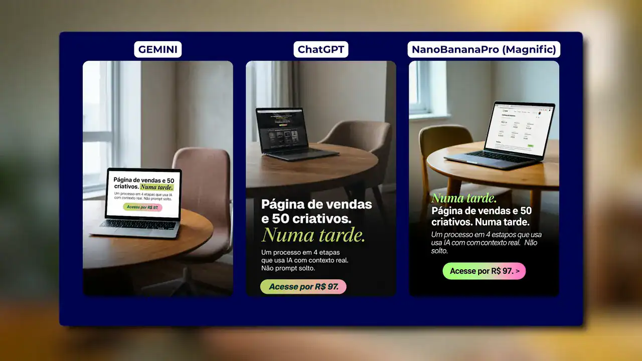 Comparativo de três artes geradas com o mesmo pedido: Gemini, ChatGPT e Nano Banana Pro no Magnific