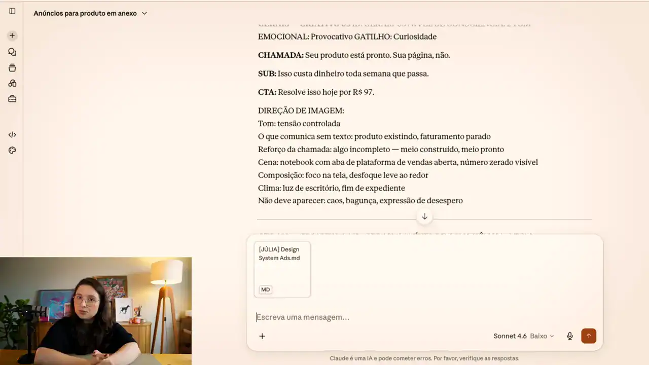 Textos de anúncio gerados pelo Claude: chamada, subtítulo, chamada para ação e direção de imagem de um anúncio da categoria geral