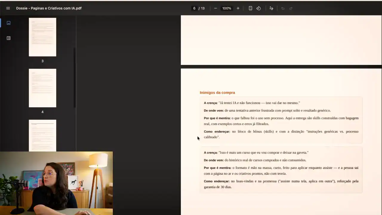 Dossiê de produto aberto no computador, na parte de inimigos da compra: a crença, de onde ela vem e como o texto responde