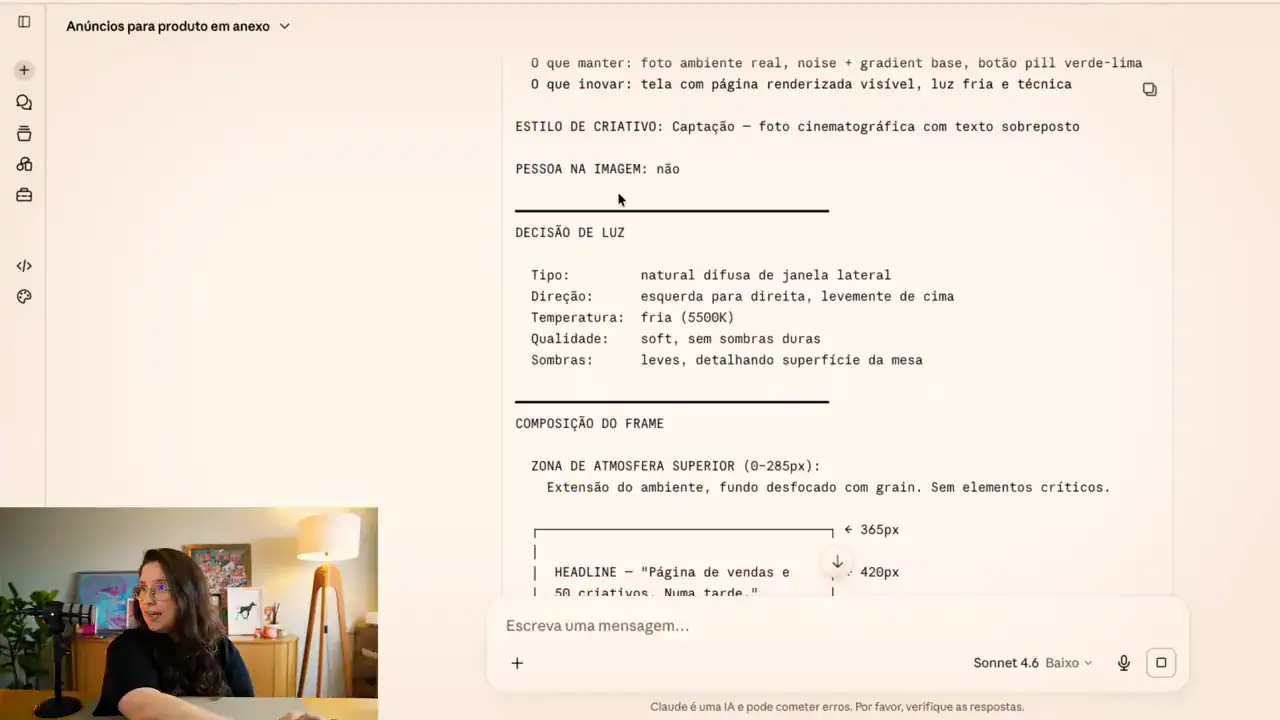 Pedido de imagem montado pelo Claude para um anúncio: decisão de luz, composição da arte e posição do título
