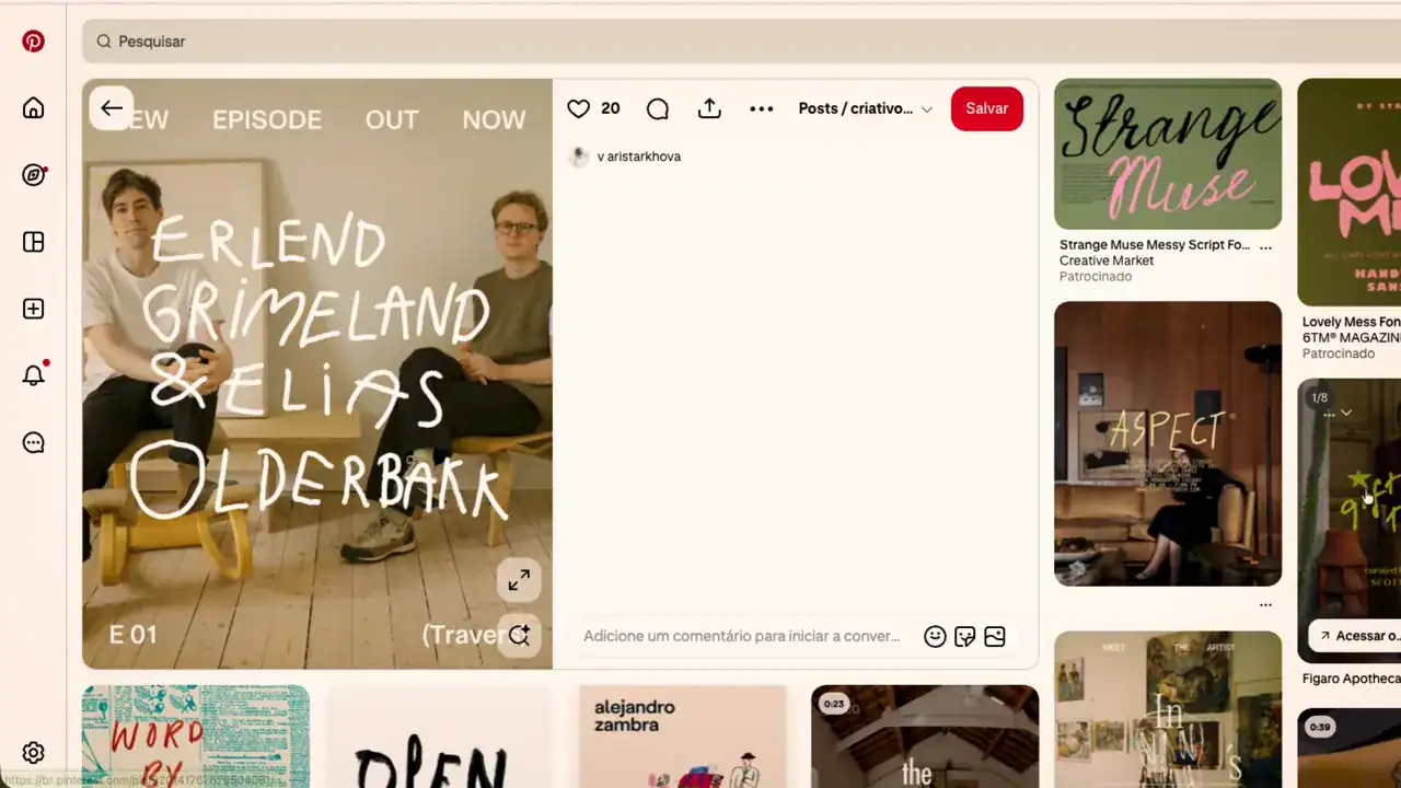 Tela do Pinterest com referências visuais salvas para anúncios: capas com letra desenhada à mão e fotos de ambiente