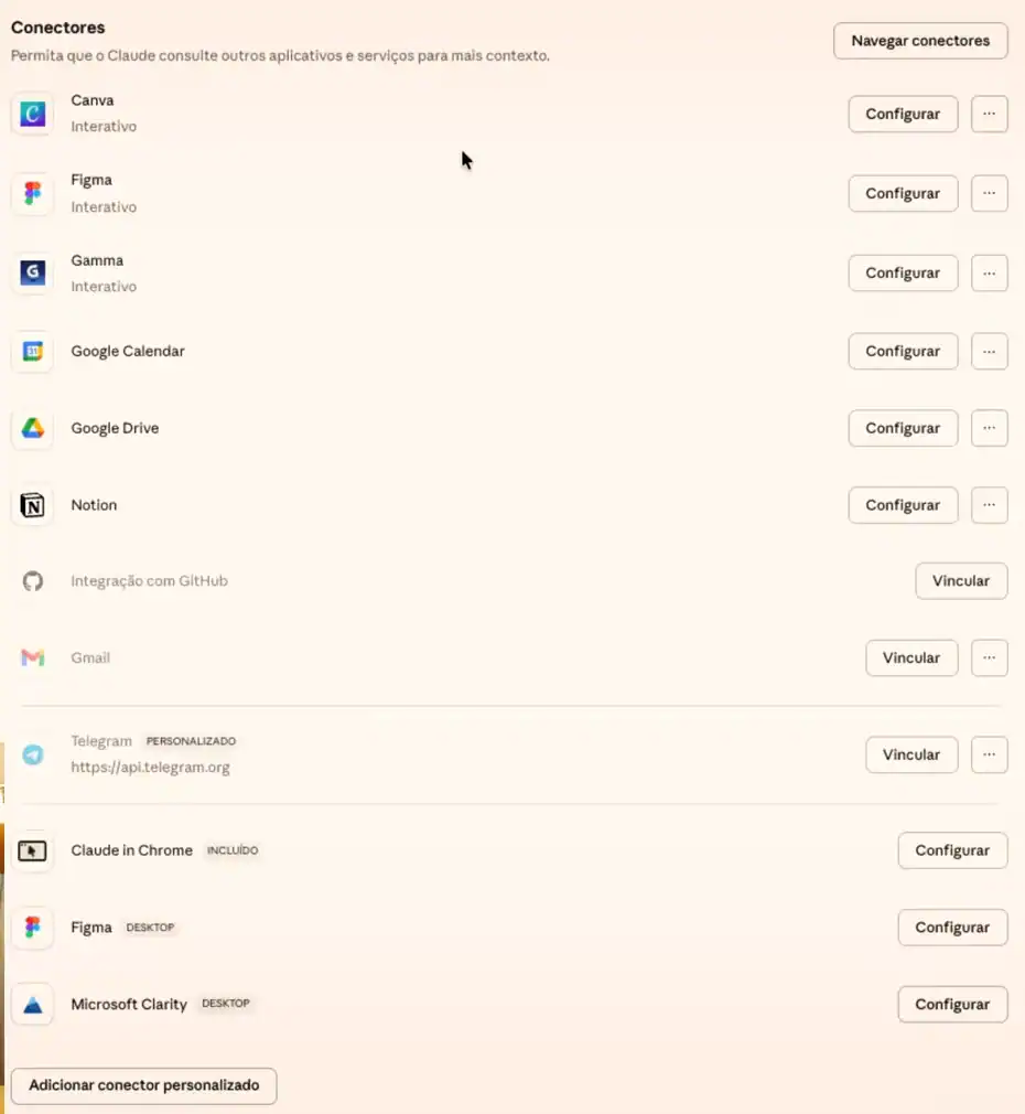 Tela de conectores das configurações do Claude, com Canva, Figma, Gamma, Google Calendar, Google Drive e Notion