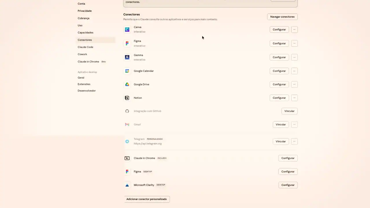 Tela de Conectores do Claude com Canva, Figma, Gamma, Google Calendar, Google Drive e Notion