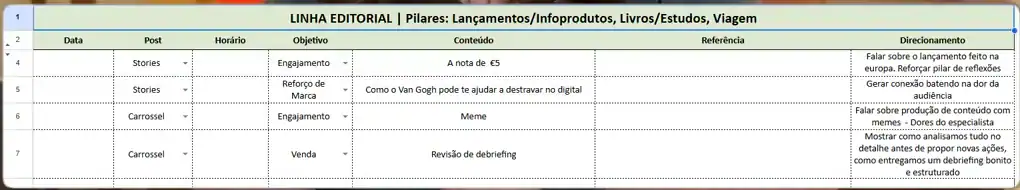 Planilha de linha editorial mostrada no vídeo, com colunas de post, objetivo, conteúdo, referência e direcionamento