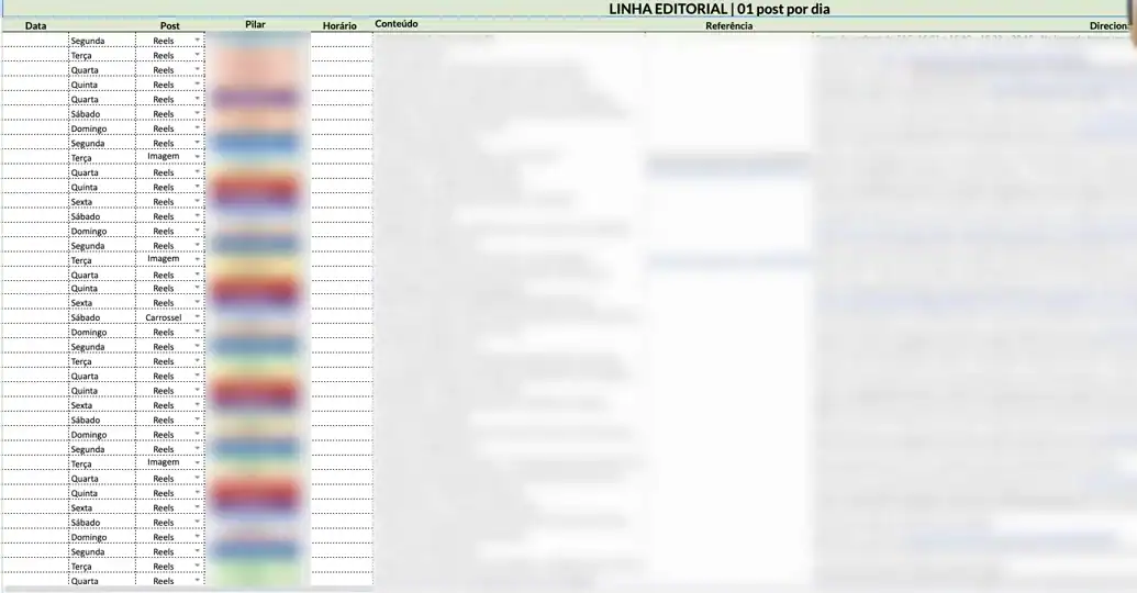 Planilha de linha editorial de 45 dias, com um post por dia, formato e pilar de cada linha, conteúdo borrado