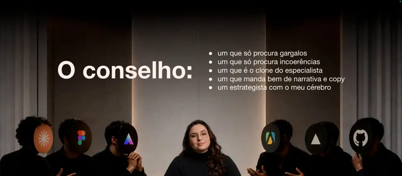 Slide da live com O conselho: um que só procura gargalos, um que só procura incoerências, um que é o clone do especialista, um que manda bem de narrativa e copy e um estrategista com o meu cérebro