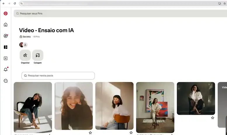 Pasta do Pinterest com seis fotos de referência de retratos posados, usada como base do ensaio fotográfico com IA