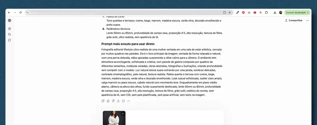 Resposta do ChatGPT com o pedido de imagem montado nos oito elementos, incluindo a versão mais enxuta para usar direto