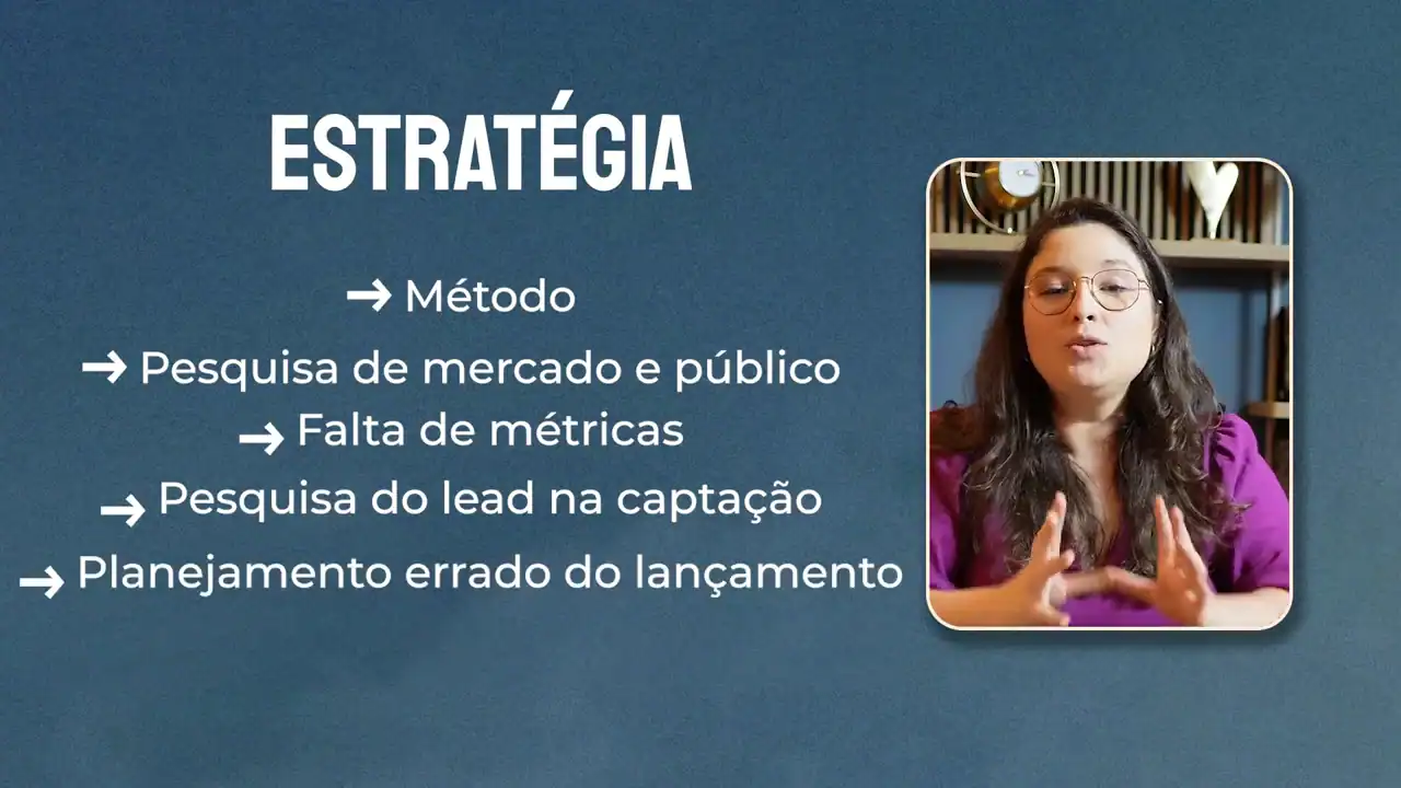 Slide Estratégia com os cinco erros de estratégia: método, pesquisa de mercado e público, falta de métricas, pesquisa do lead na captação e planejamento errado do lançamento