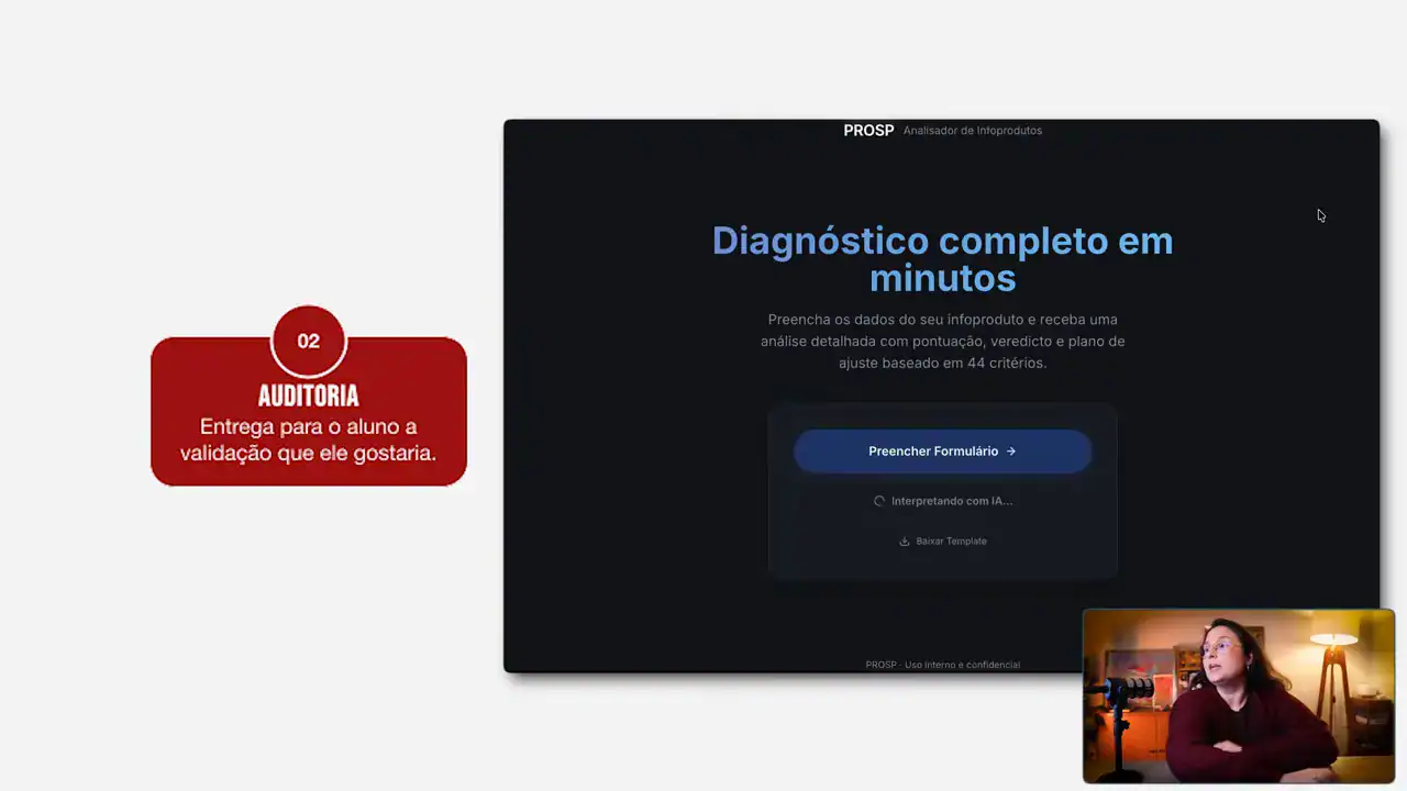 Tela de uma auditoria de infoproduto feita com IA: diagnóstico completo em minutos