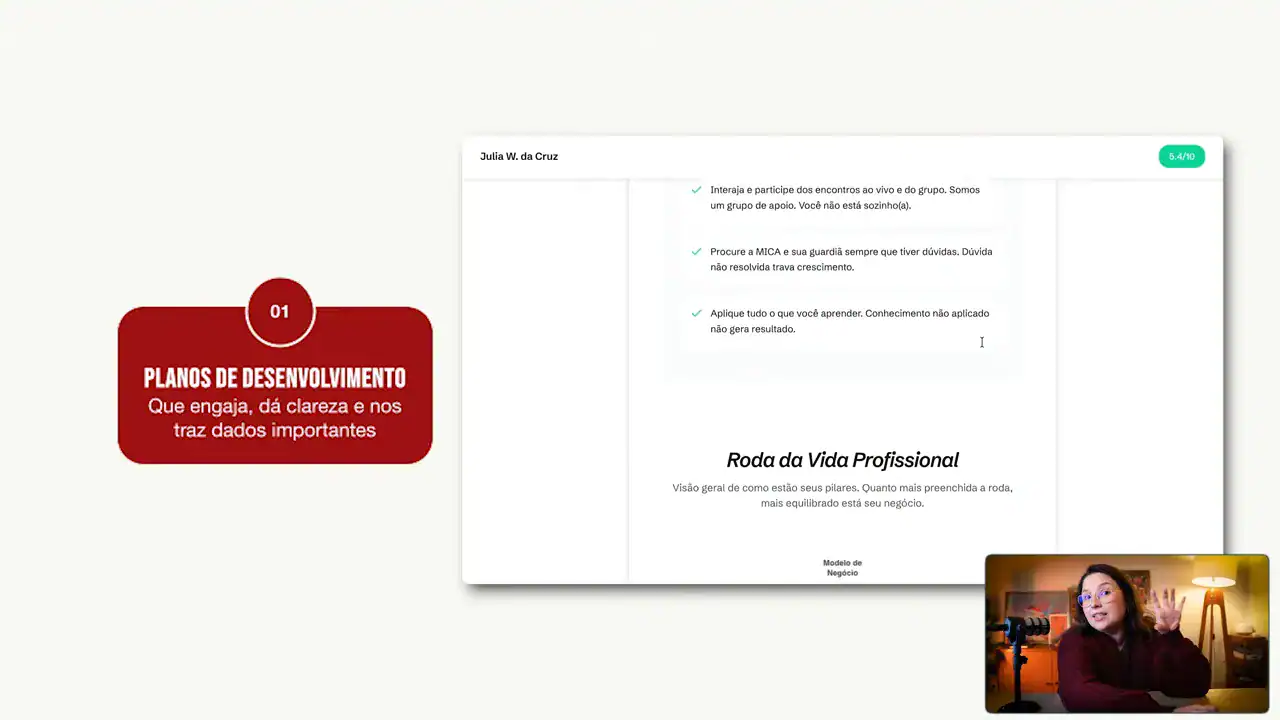 Tela de um plano de desenvolvimento feito com IA, com a roda da vida profissional do aluno