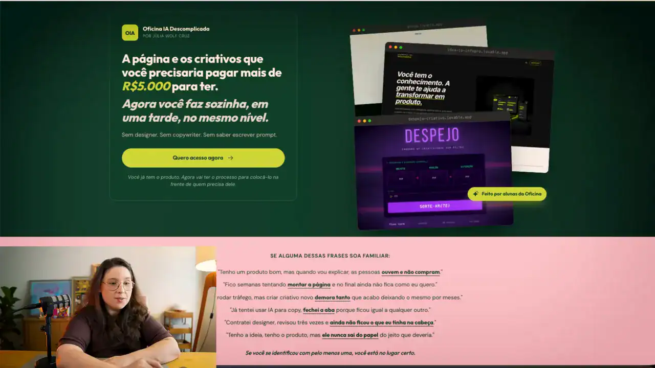 Primeira versão de uma página de vendas feita no Claude Design, com fundo verde escuro e faixa rosa, sem ajuste