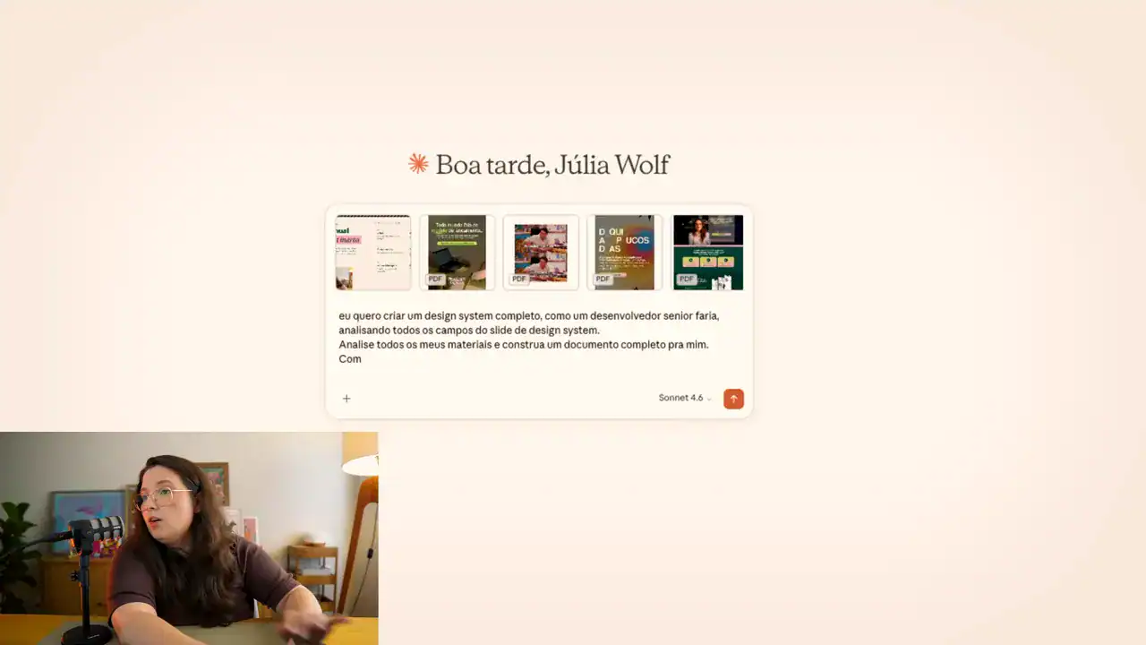 Pedido no Claude com slides, criativos e páginas anexados, pedindo um design system completo
