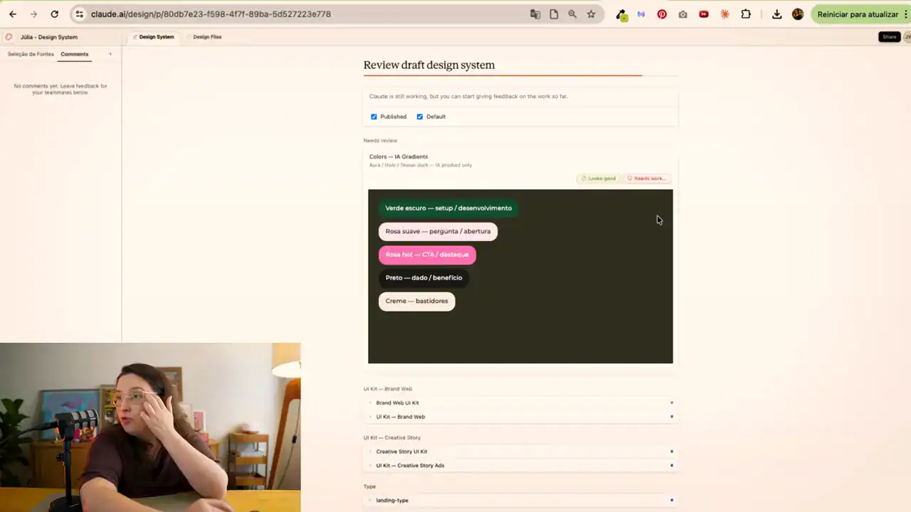 Revisão do rascunho do design system no Claude Design, com a paleta de cores da marca para aprovar ou corrigir