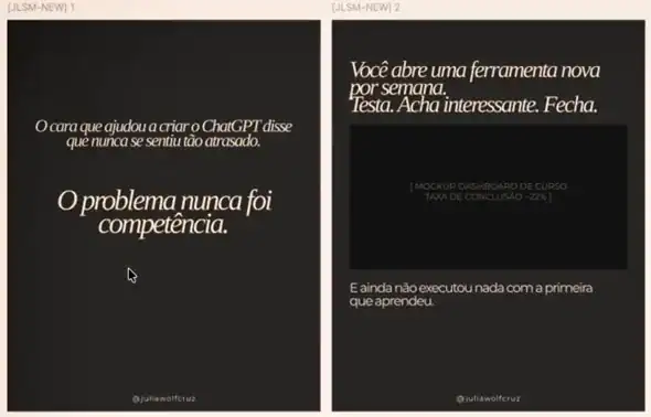 Dois cards de carrossel gerados com IA no Figma, com fundo escuro e texto na identidade de Júlia Wolf Cruz
