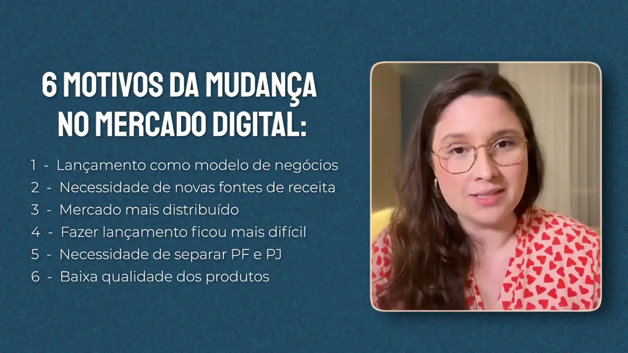 Slide com os seis motivos da mudança no mercado digital: lançamento como modelo de negócios, necessidade de novas fontes de receita, mercado mais distribuído, lançamento mais difícil, necessidade de separar PF e PJ e baixa qualidade dos produtos