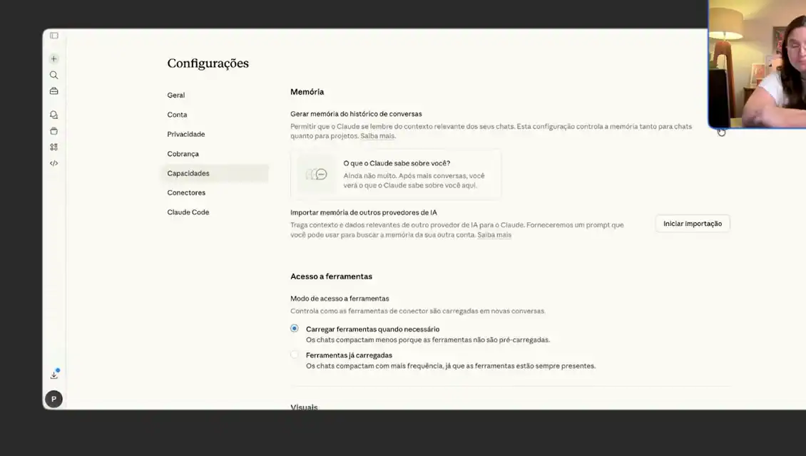 Janela Importar memória para o Claude, nas configurações do Claude, com o prompt para copiar e colar no outro provedor de IA e o campo para colar o resultado