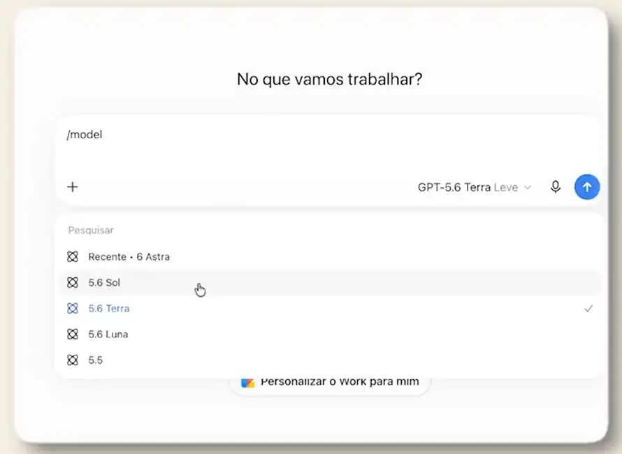 Menu de modelos do ChatGPT, como aparecia no vídeo de 11 de setembro de 2026, com 6 Astra, 5.6 Sol, 5.6 Terra, 5.6 Luna e 5.5