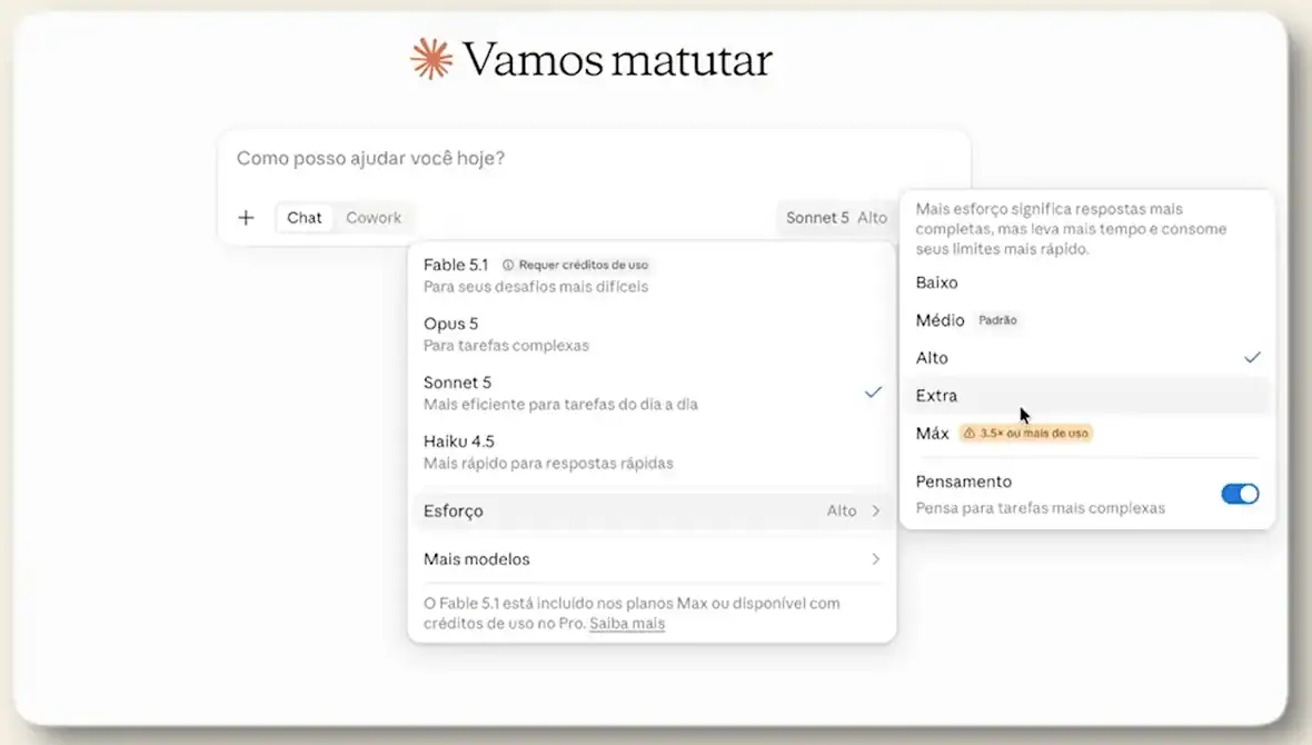 Menu de modelos do Claude, como aparecia no vídeo de 11 de setembro de 2026, com Fable 5.1, Opus 5, Sonnet 5 e Haiku 4.5, e o menu de esforço com os níveis baixo, médio, alto, extra e máximo