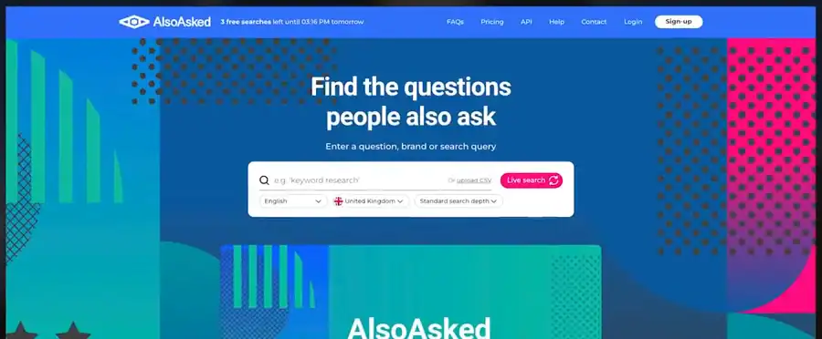 Página inicial do AlsoAsked mostrada no vídeo, com a frase Find the questions people also ask