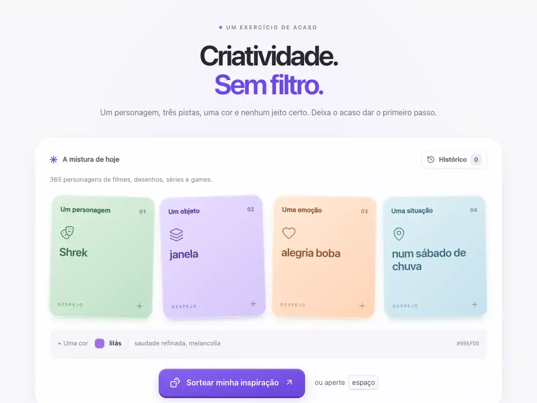 Tela do Despejo, com cartões de personagem, objeto, emoção e situação para inspirar a criação.