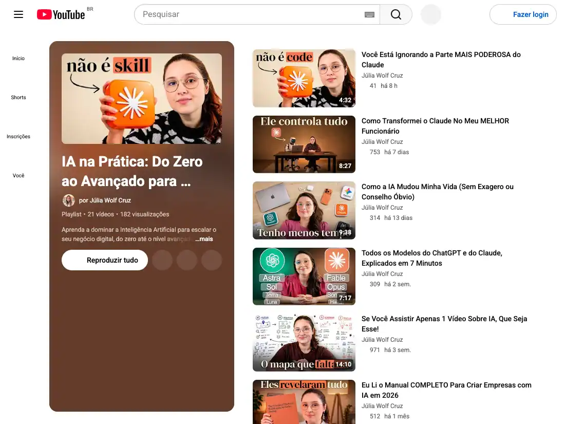 Prévia da playlist IA na Prática no YouTube, com as miniaturas das aulas de Júlia Wolf Cruz.