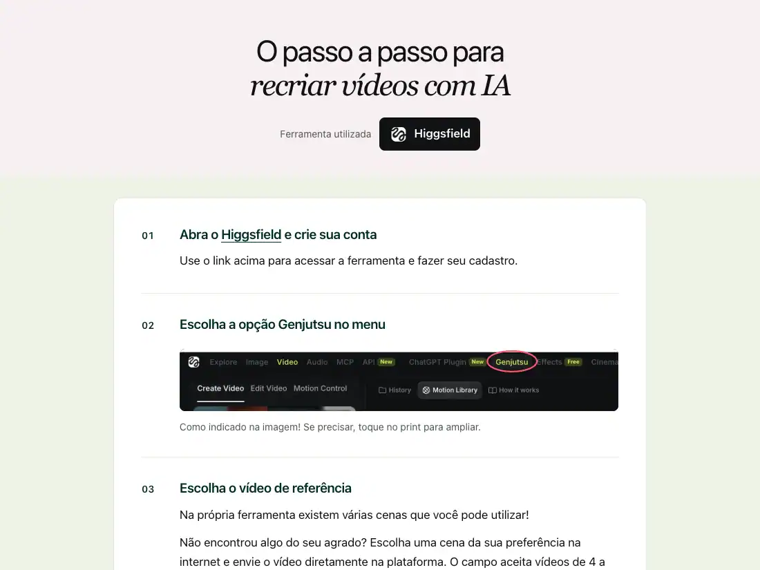 Prévia do tutorial de vídeos com clone, com a tela do Higgsfield e as primeiras etapas.