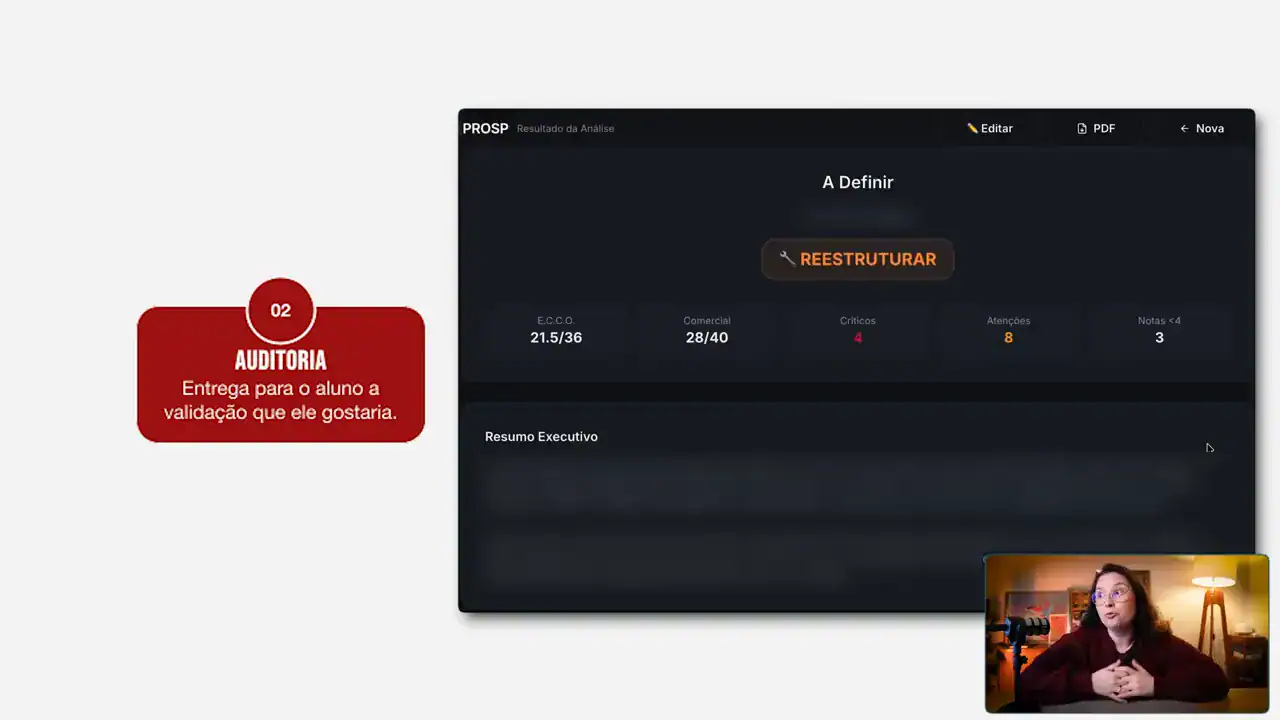 Tela de resultado de um auditor de infoproduto feito com IA, com notas por critério e veredito reestruturar