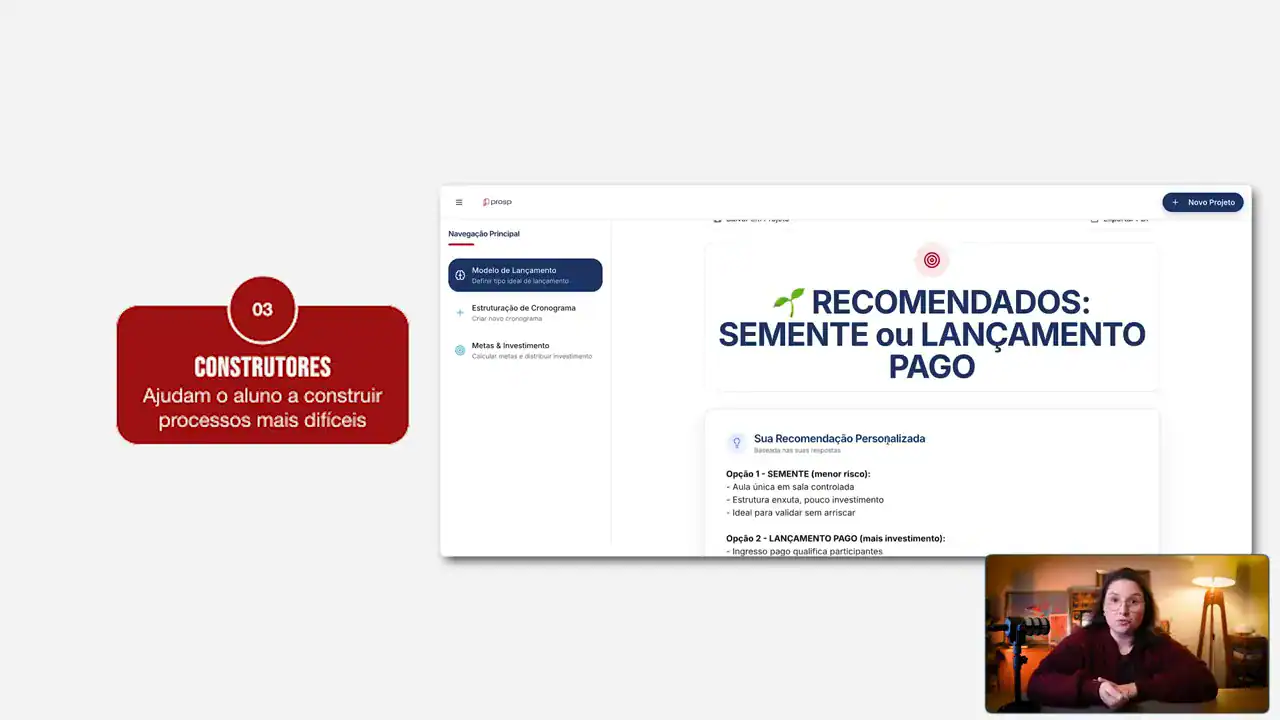 Tela de um construtor de lançamentos feito com IA recomendando o modelo semente ou lançamento pago