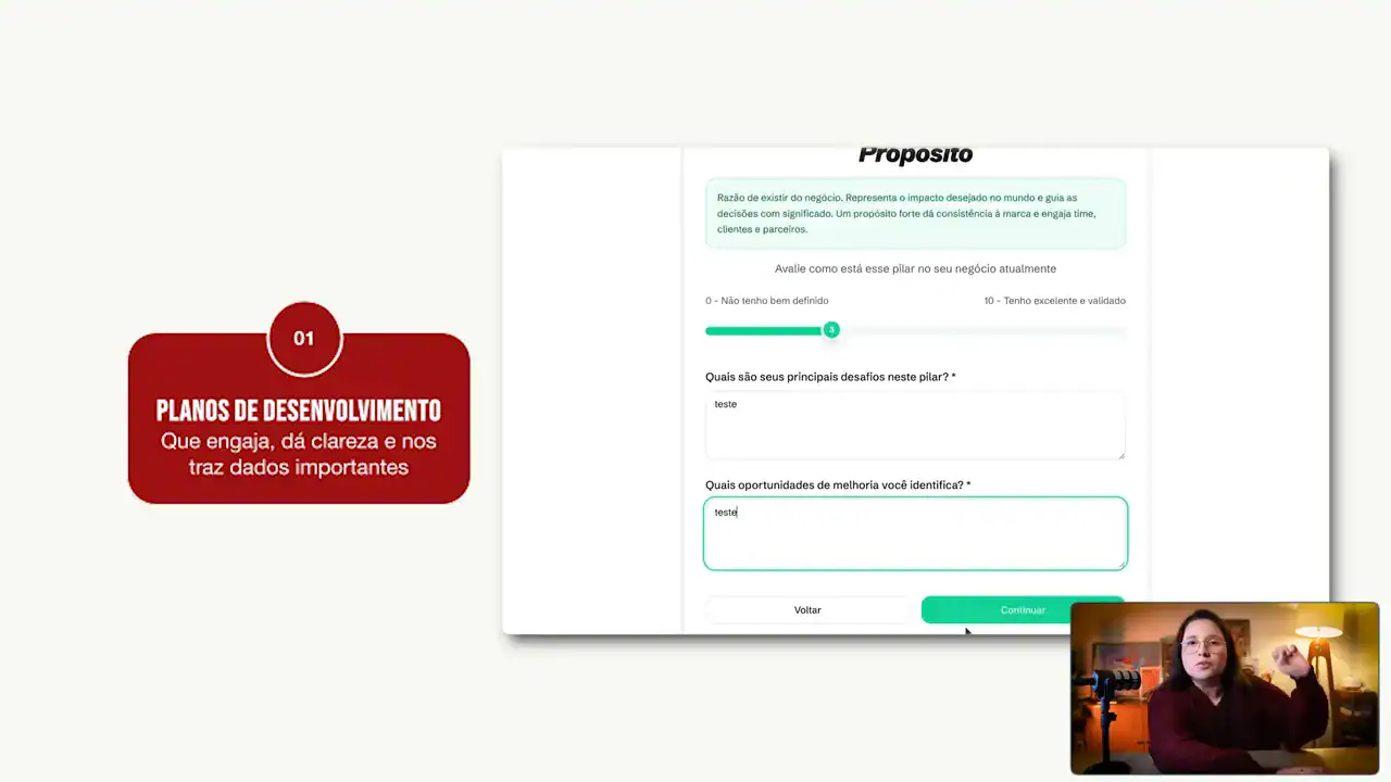 Tela do questionário de um plano de estudos personalizado feito com IA, com nota de 0 a 10 para o pilar Propósito do negócio