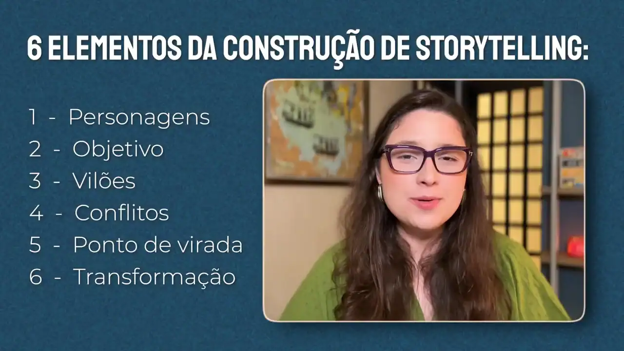 Slide do vídeo com os 6 elementos da construção de storytelling: personagens, objetivo, vilões, conflitos, ponto de virada e transformação